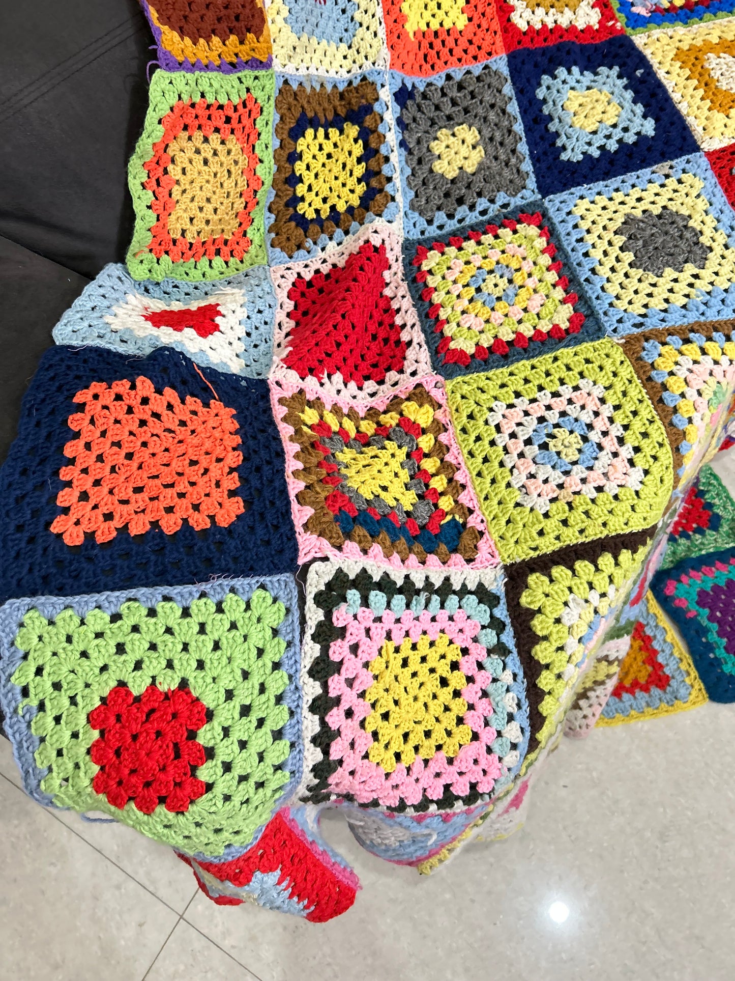 Granny Square White Multicolor Crochet Throw