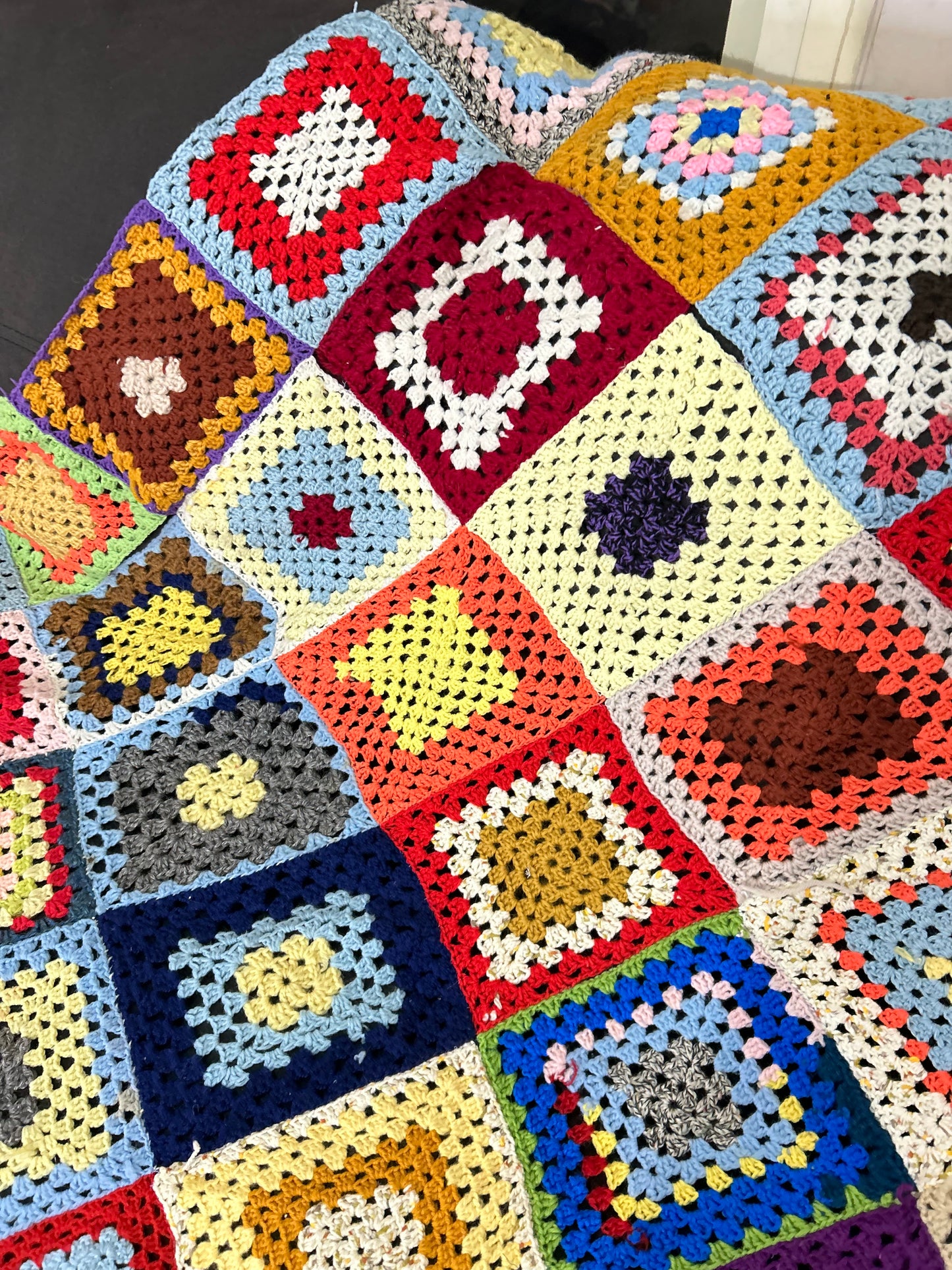 Granny Square White Multicolor Crochet Throw