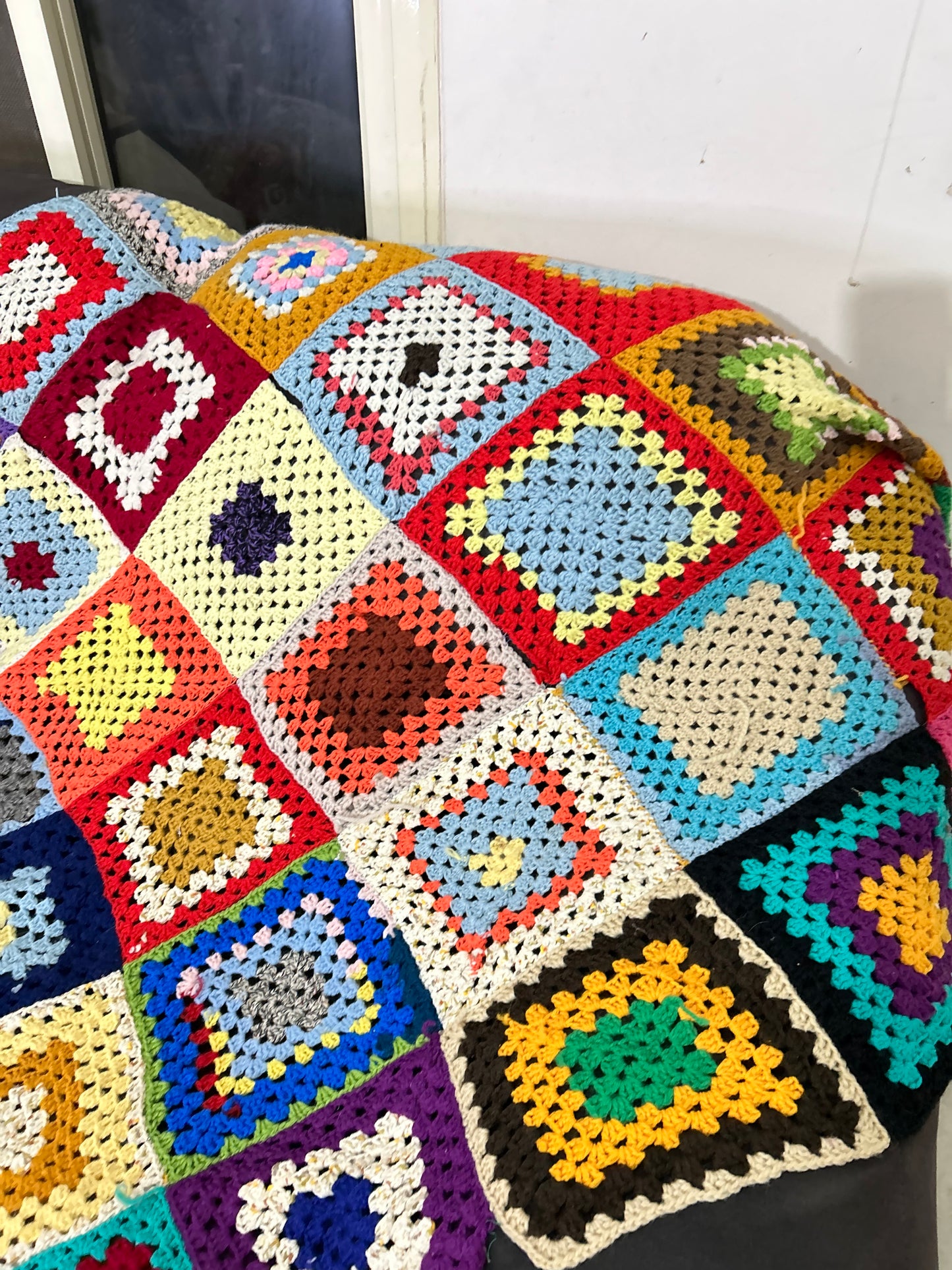 Granny Square White Multicolor Crochet Throw