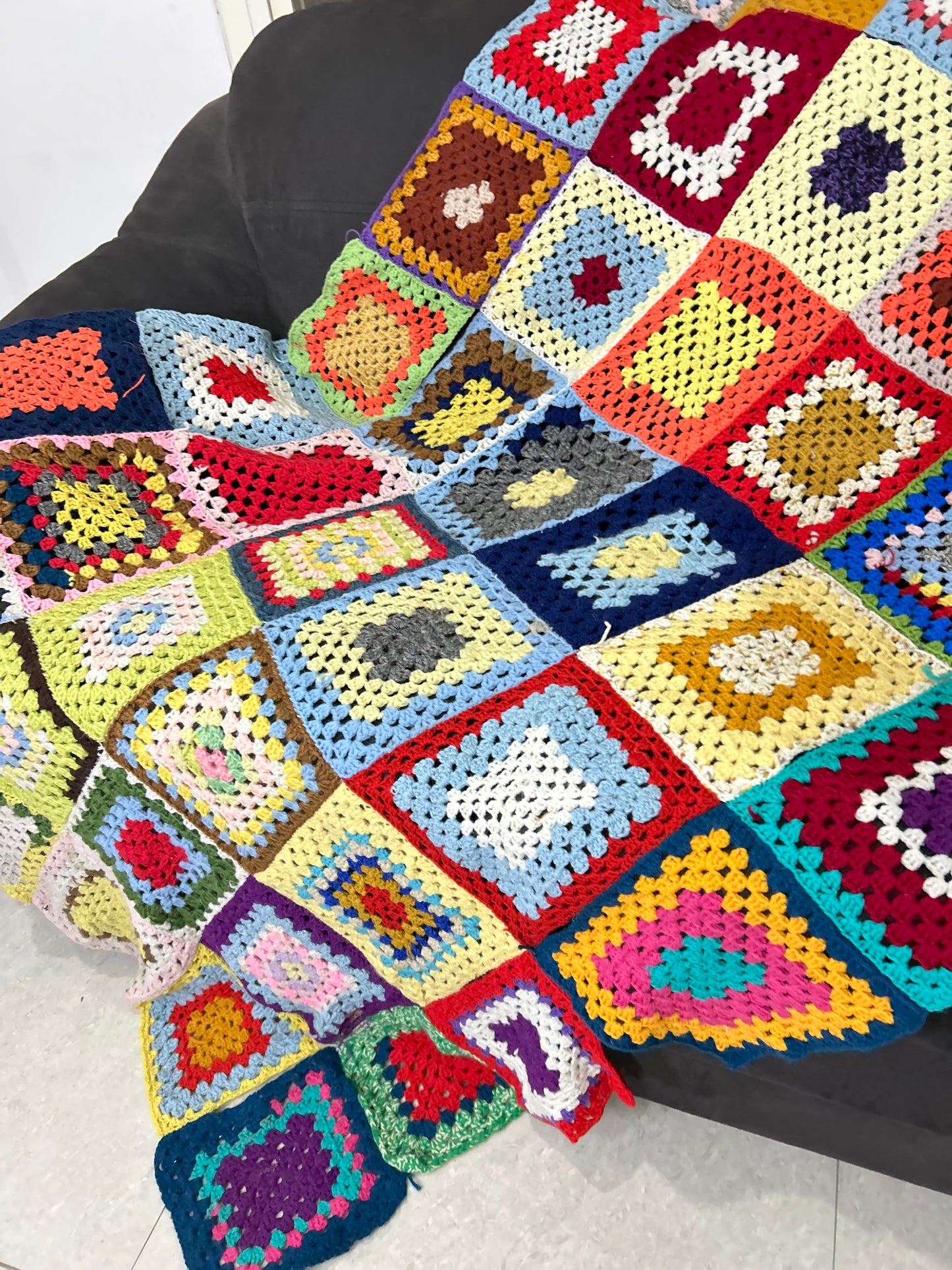 Granny Square White Multicolor Crochet Throw