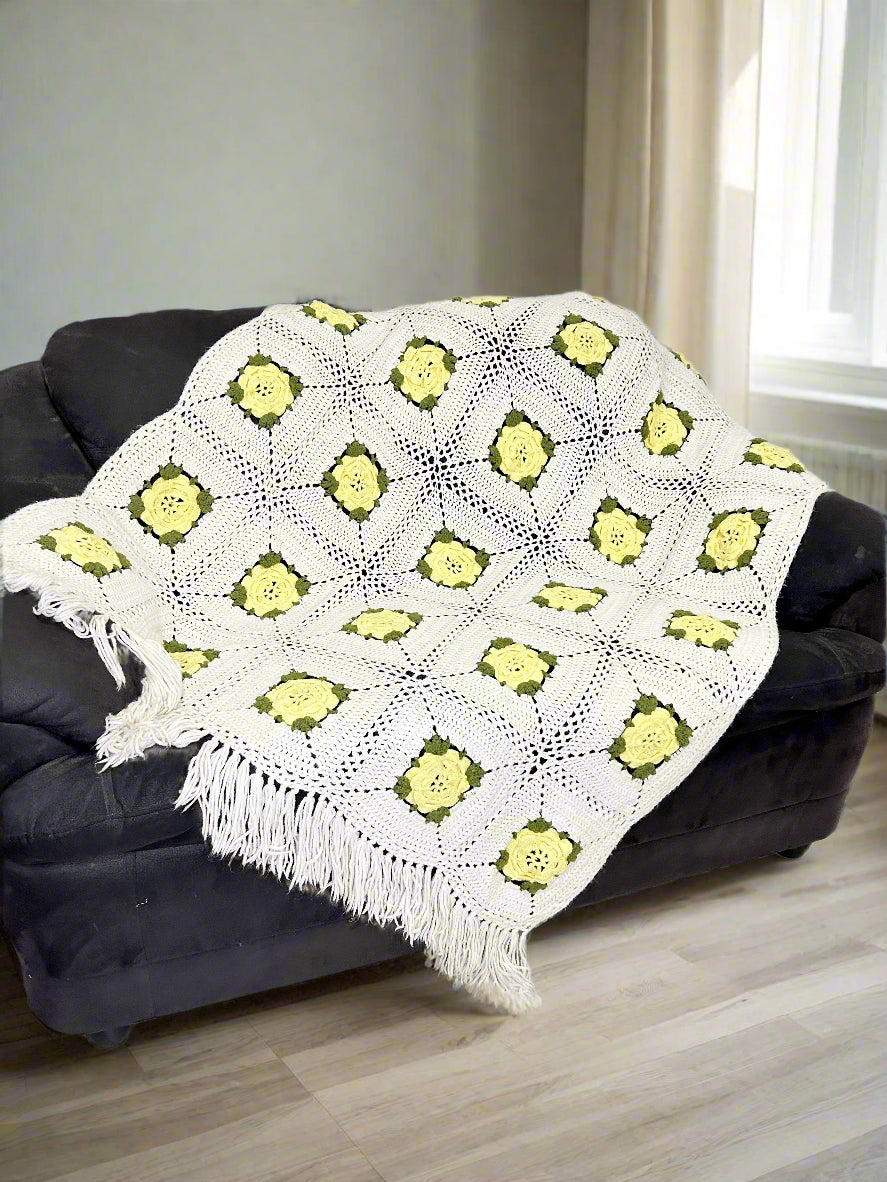 Yellow Floral Fringe Crochet Throw