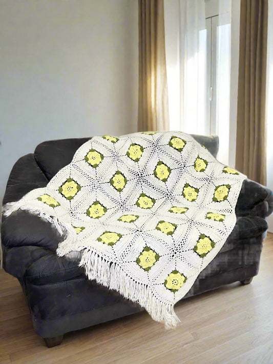 Yellow Floral Fringe Crochet Throw