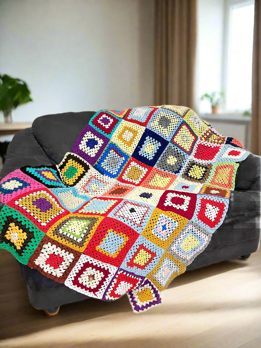 Granny Square White Multicolor Crochet Throw