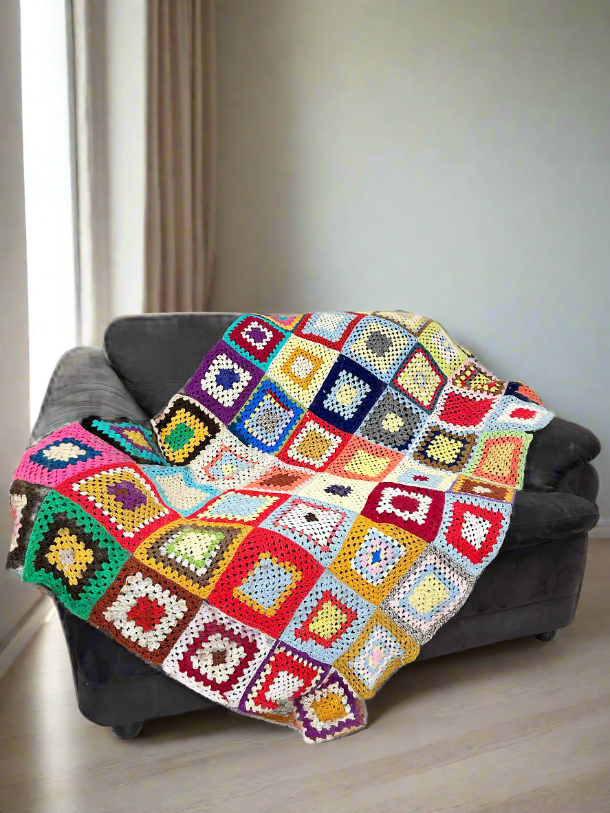 Granny Square White Multicolor Crochet Throw