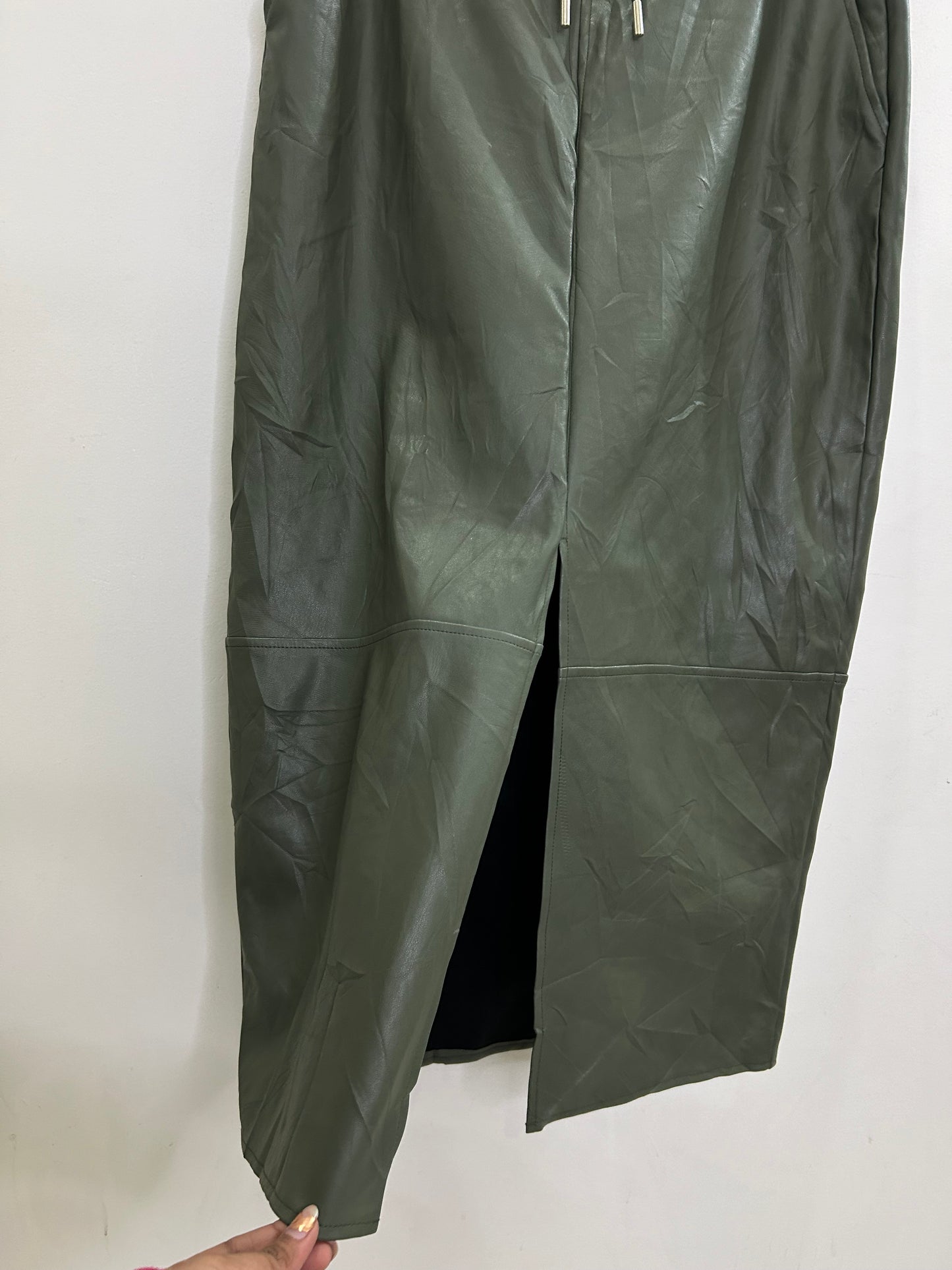 Green Faux Leather Slit Skirt