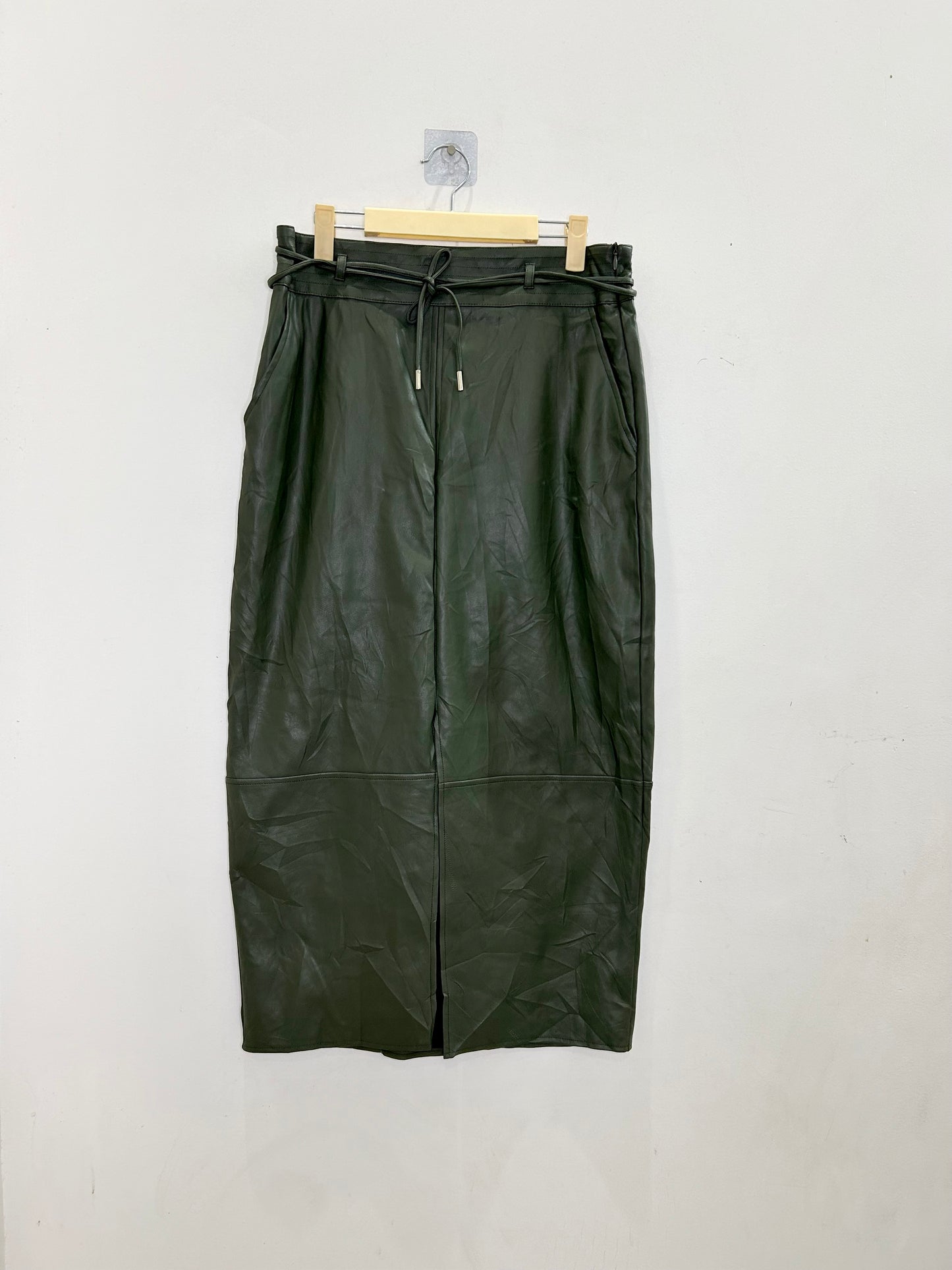 Green Faux Leather Slit Skirt