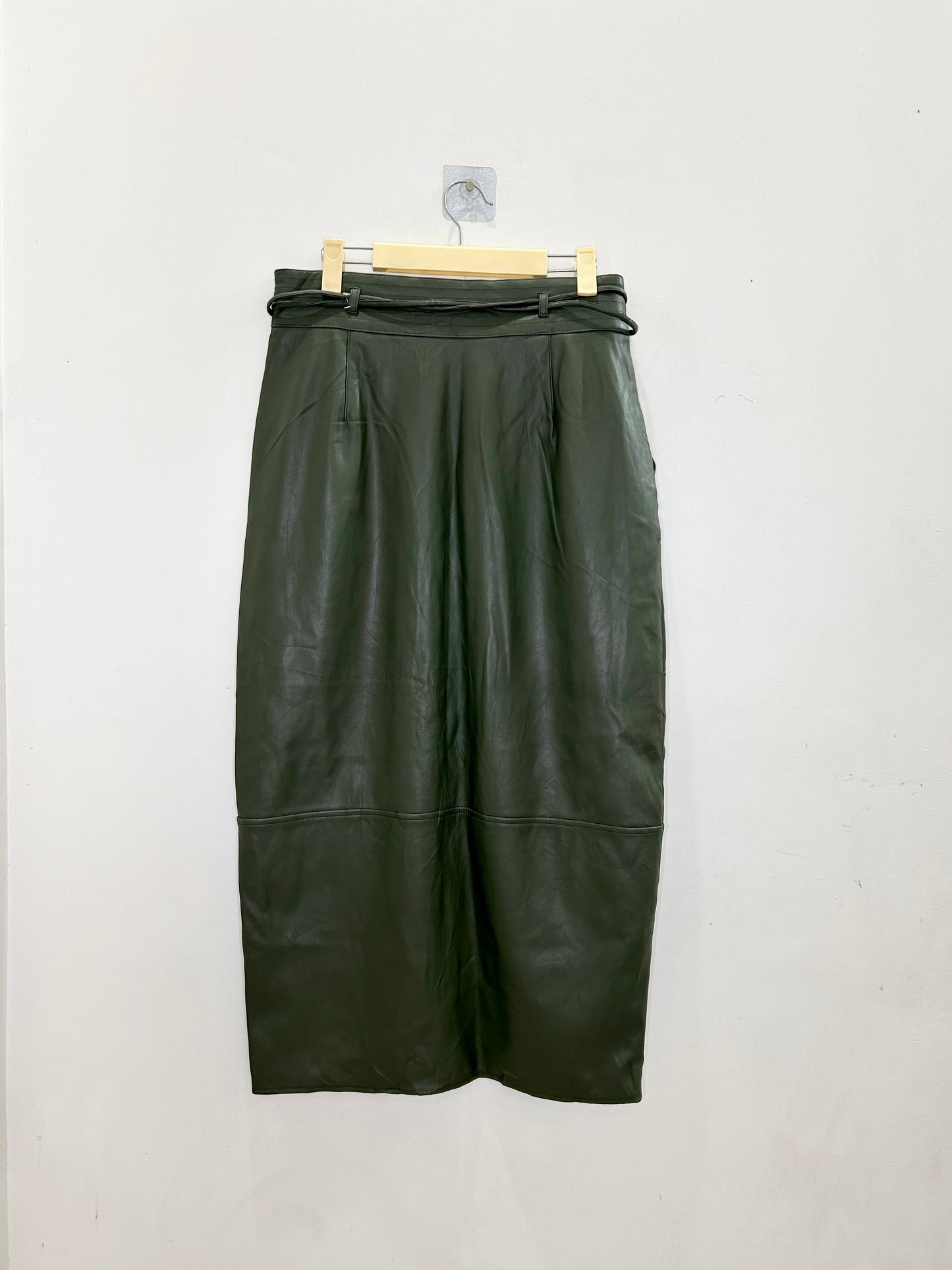 Green Faux Leather Slit Skirt